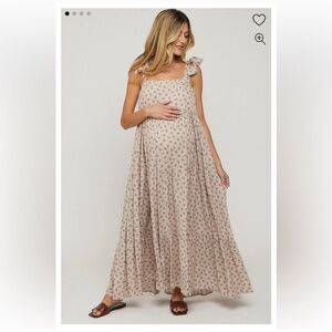 Taupe Floral Shoulder Tie Maternity Maxi Dress worn 1 time and hand washed